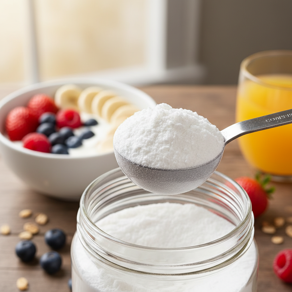 Close-up of Neocell Collagen Peptides Powder with measuring spoon and healthy breakfast spread