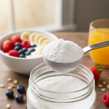 Close-up of Neocell Collagen Peptides Powder with measuring spoon and healthy breakfast spread